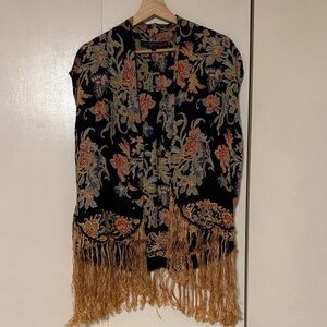 Topshop PETITE Black Floral Fringe Kimono with Rust & Blue Accents